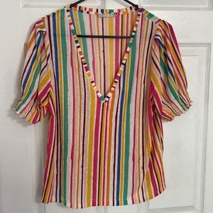 EUC Zara W/B Gauze Rainbow Striped Deep V Blouse Medium Colorful Boxy Like new